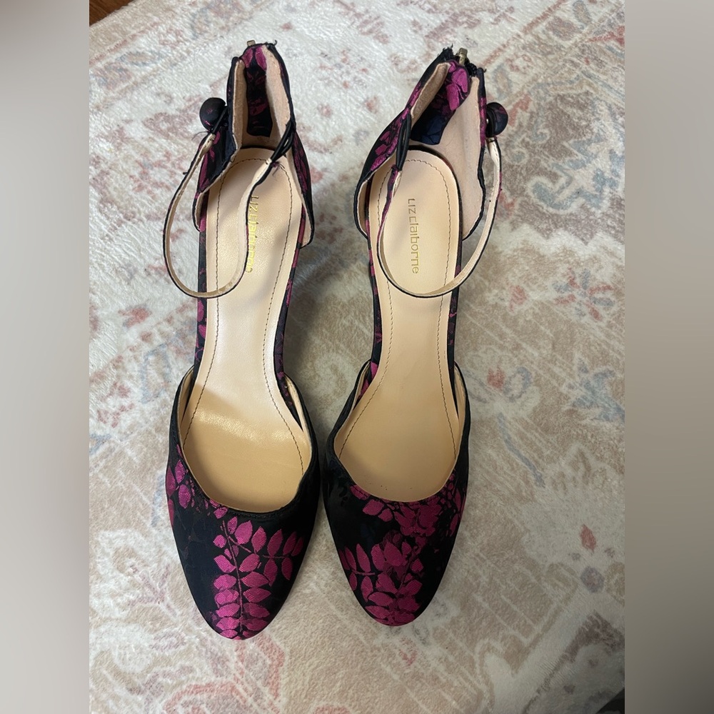 Liz Claiborne Black and Pink Floral Heels